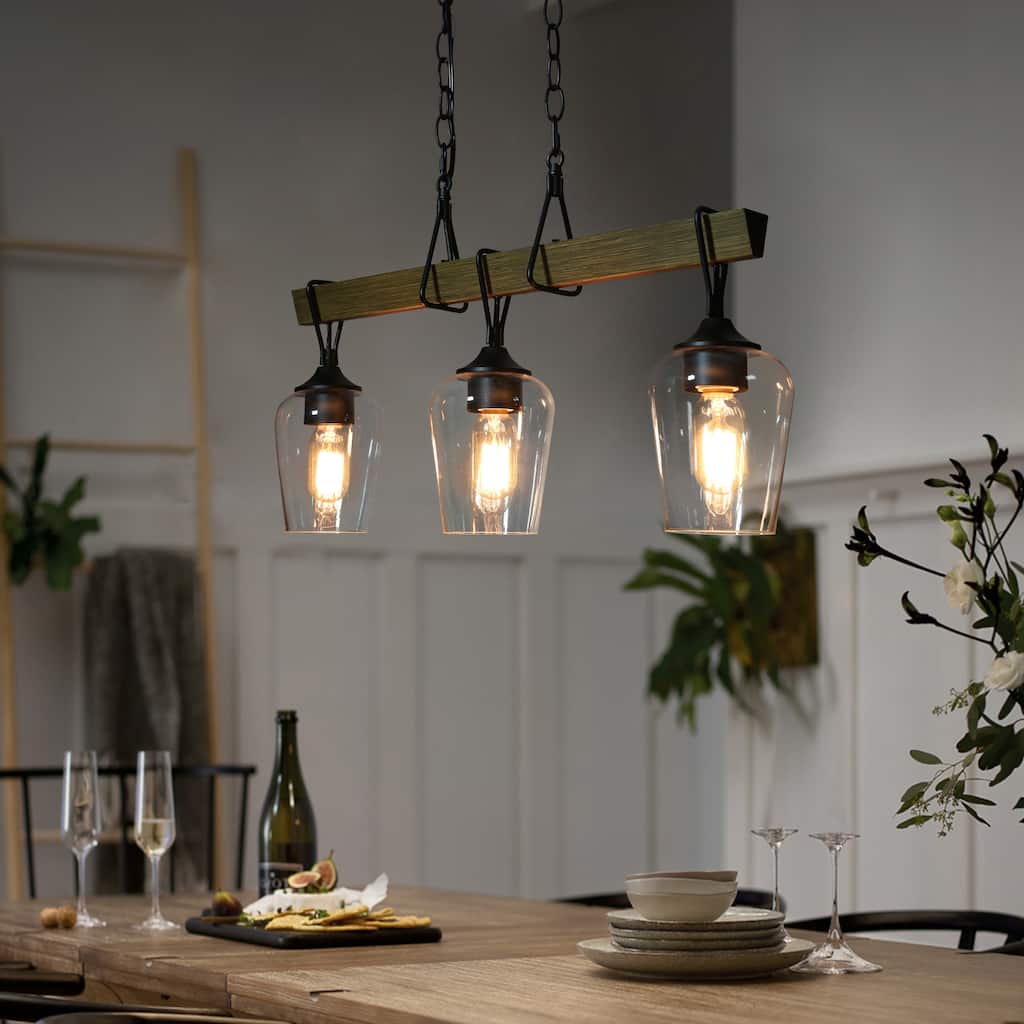 Zarbel Modern Farmhouse Glass Linear Chandelier Rustic 3-Light Black Metal Small Kitchen Island Lights - L25"x W 5"x H 76"