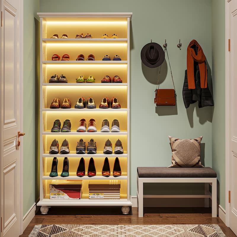 Narrow Tall Shoe Storage Cabinet with LED Lighting for Entryway - 9-Tier