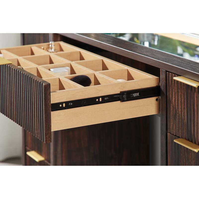 Modern Fluted Makeup Vanity Desk with Mirror, Lights, Charging Station