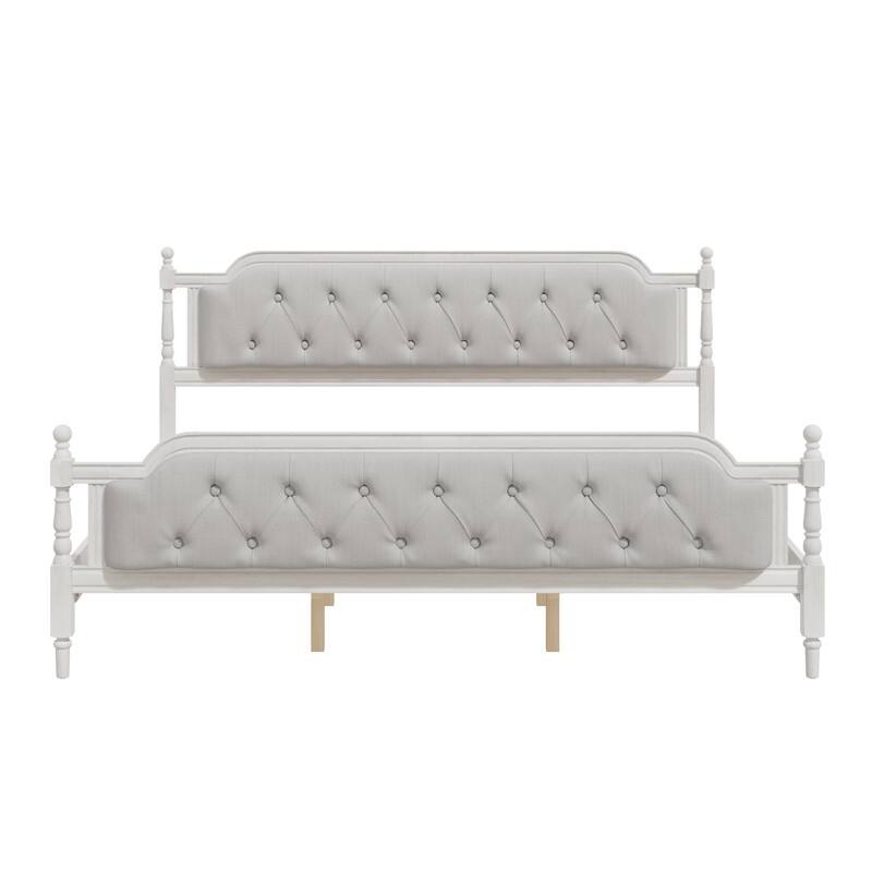 Traditional Style Solid Wood Bed Frame with Upholstered Tufted Headboard,No Box Spring Needed