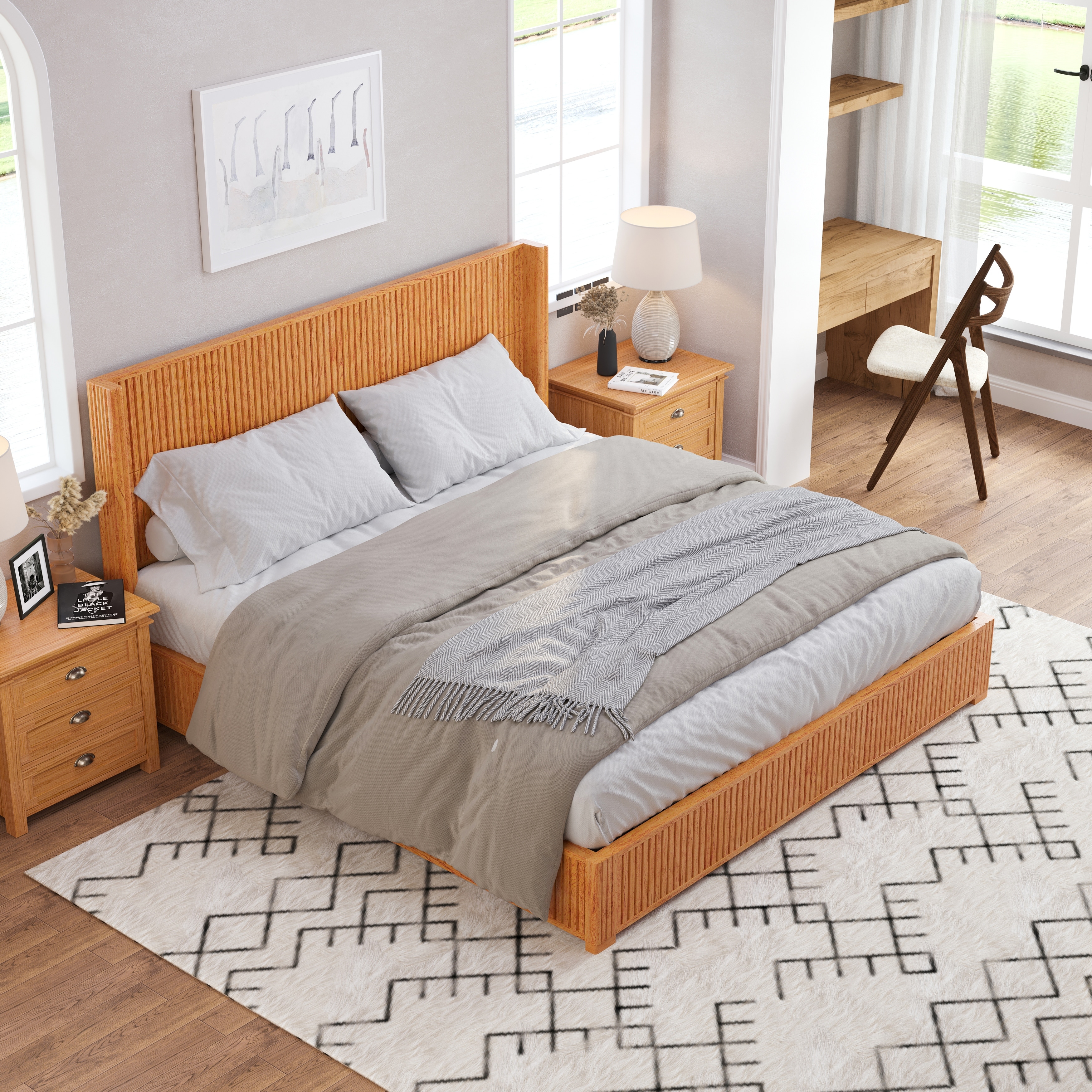 King Size Natural Wood Platform Bed Frame with Headboard