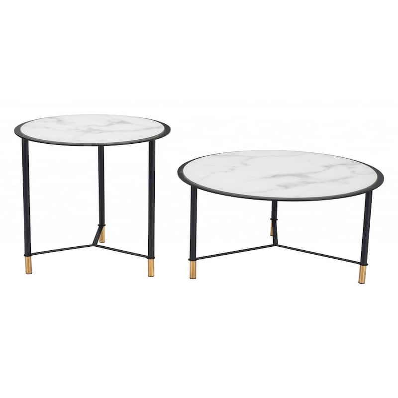HomeRoots Set Of Two 32" Black And White Faux Marble Glass Round Coffee Tables - 31.5