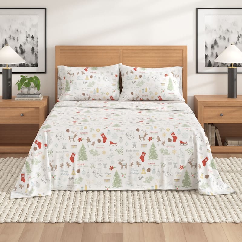 Linery & Co. Christmas Turkish Cotton Double-Brushed Flannel Bed Sheet Set - California King - Holiday Time