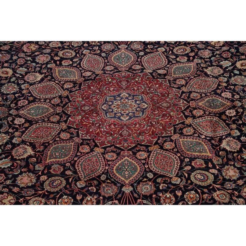Hand Knotted Oriental 100% Wool Carpet Traditional Floral Navy Blue & Blues Mashad Area Rug - 15' 5'' X 11' 1''