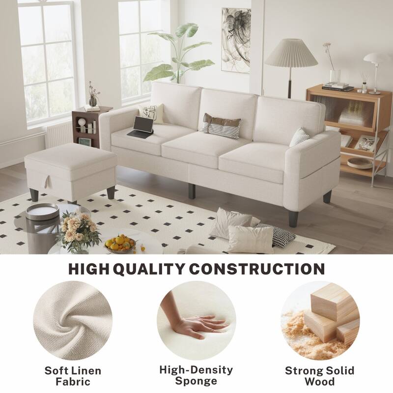 77.95" Linen Fabric Sectional Sofa with Storage Ottoman and USB Pocket