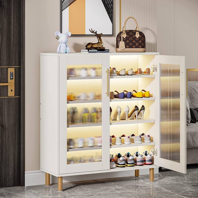 5-Tier Wood Shoe Rack with Acrylic Doors and LED Light for Entryway