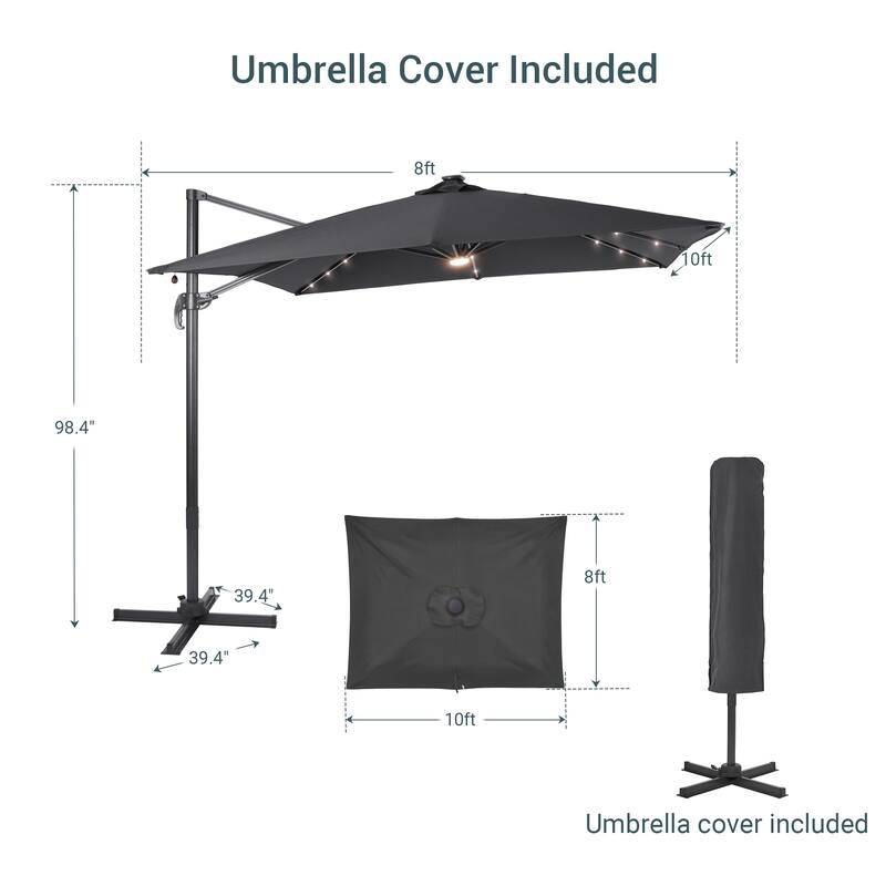 LIVOOSUN Aluminum 10x8FT LED Rectangular Cantilever Patio Umbrella
