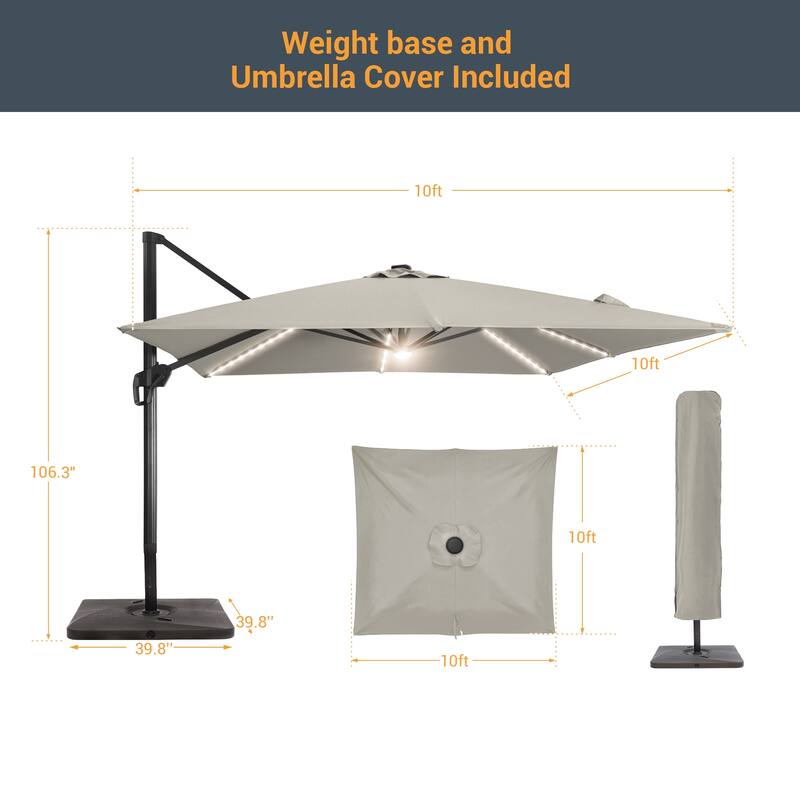 LIVOOSUN Patio10x10FT LED Aluminum Cantilever Umbrella Solution-Dyed Fabric w/Base