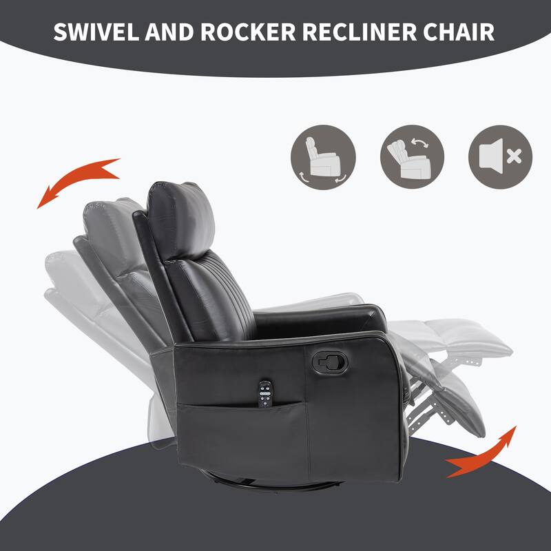 Faux Leather Swivel Recliner Chair, Manual Recliner Chair with Heat & Massage, Glider Rocker Chair with Side Pocket