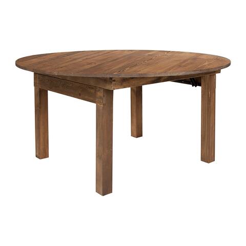 Offex 60" Round Antique Rustic Solid Pine Folding Farm Dining Table - Brown