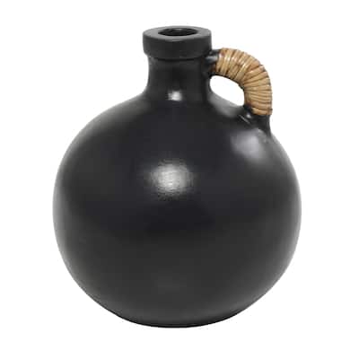 Ceramic Jug Inspired Decorative Vase with Rattan Wrapped Handle - Black or White - Roche River Decor