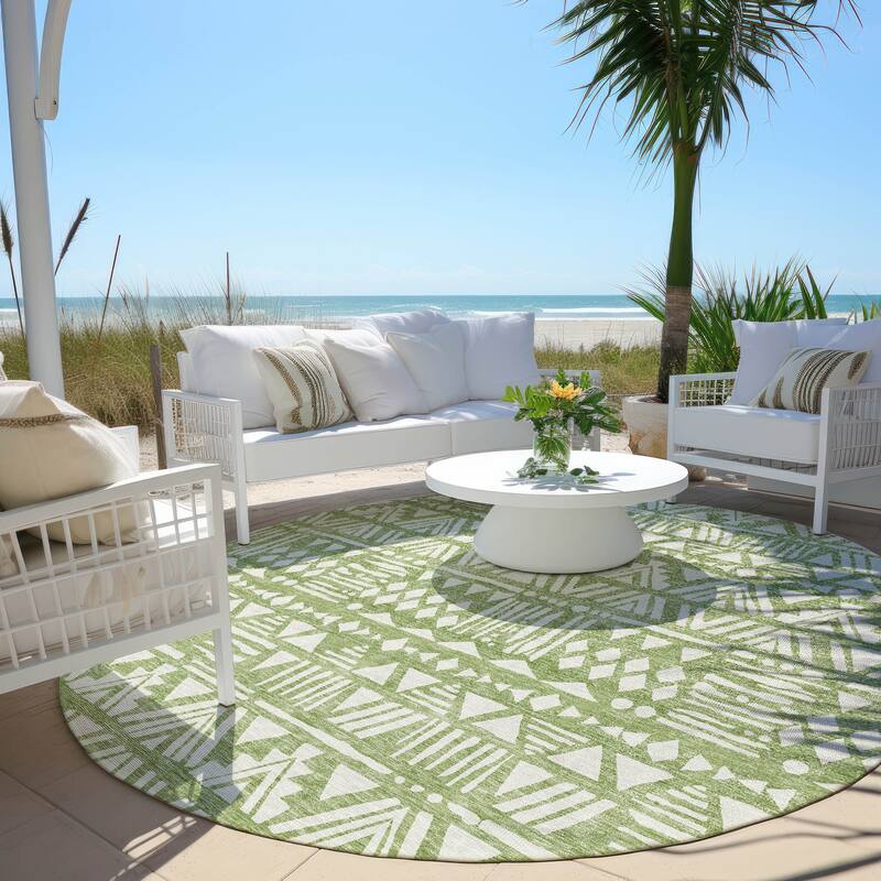 Machine Washable Indoor/ Outdoor Chantille Boho Tribal Rug - Green - 8' x 8'
