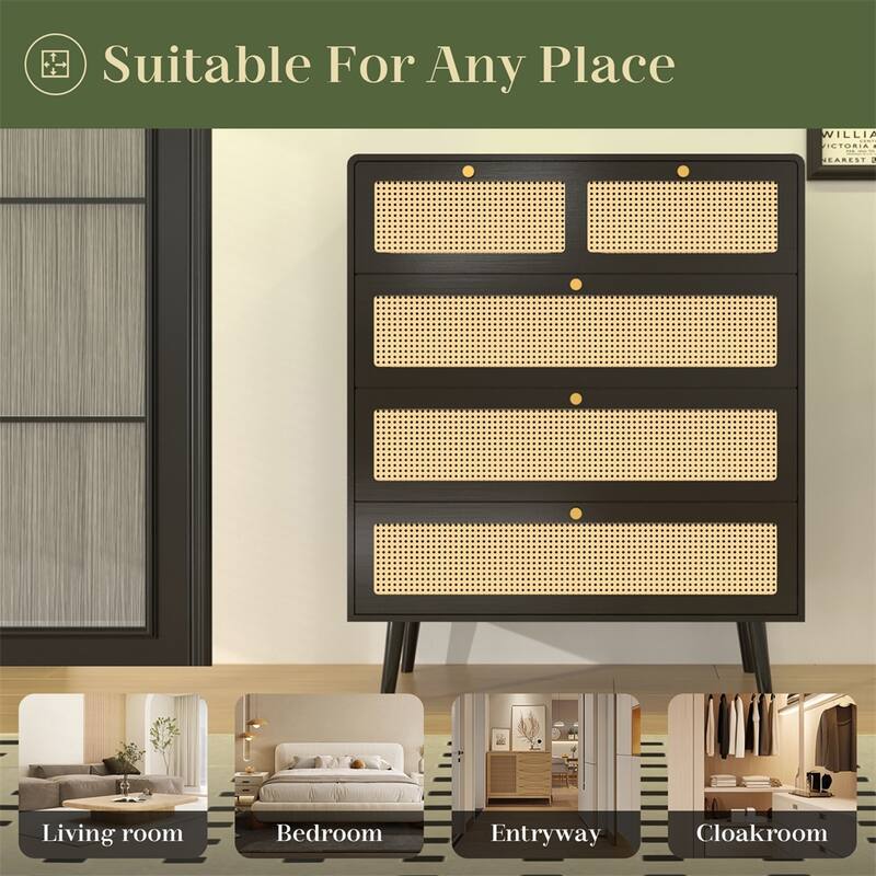 4 Drawer Modern Rattan Dresser Chest with Wide Drawers,Metal Handles