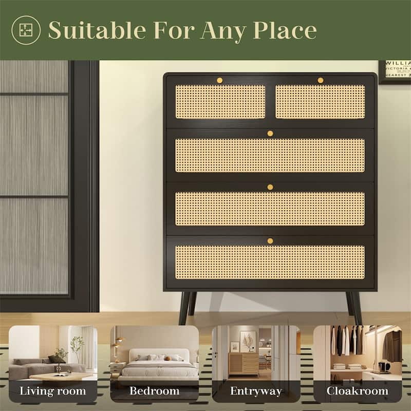 Modern Rattan 4 Dresser Chest with Wide Wood Drawers and Metal Handles