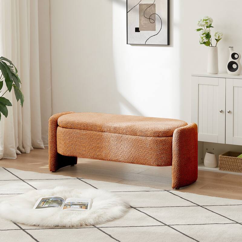 47in. Large Upholstered Storage Ottoman Oval Storage Bench 3D Lamb Fleece Fabric Bench