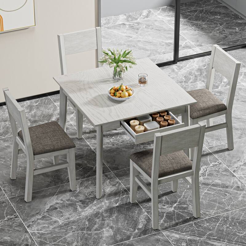 5 Piece Dining Table Set for 4, Solid Wood Kitchen Table Set with 4 Upholstered Chairs and Storage Drawers