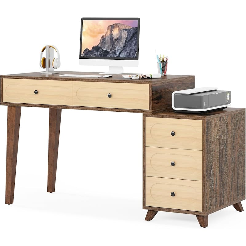 Brown Solid Wood Computer Desk 5 Drawers Spacious Home Office Table - Brown