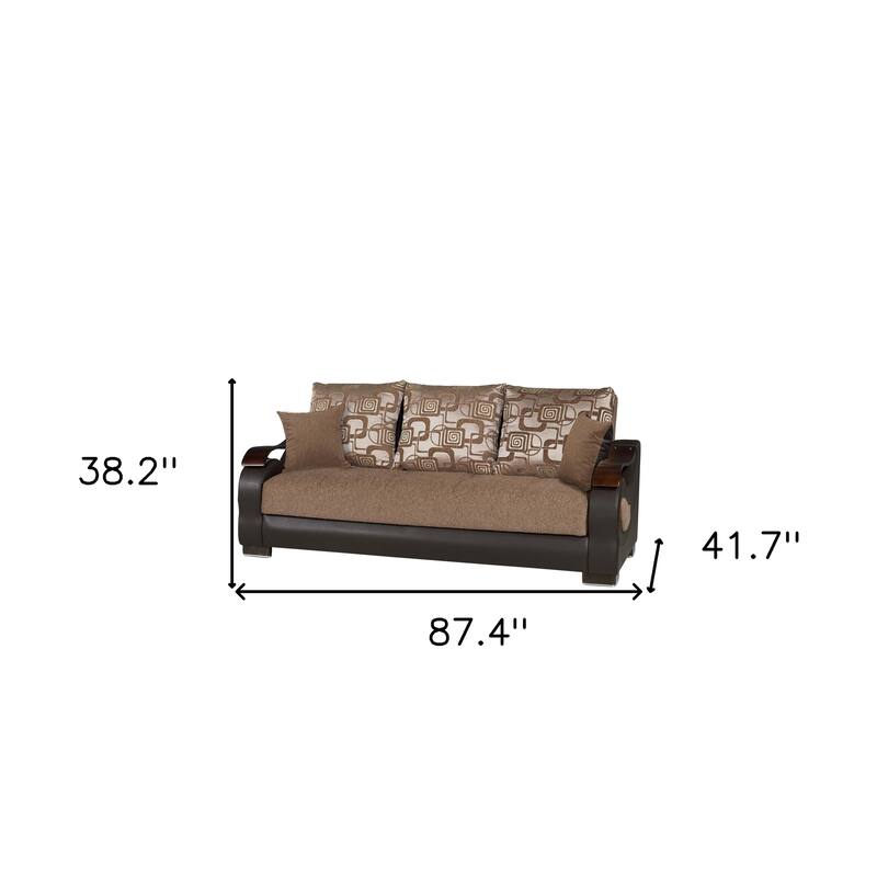 HomeRoots 87" Brown Chenille Convertible Futon Sleeper Sofa And Toss Pillows With Storage