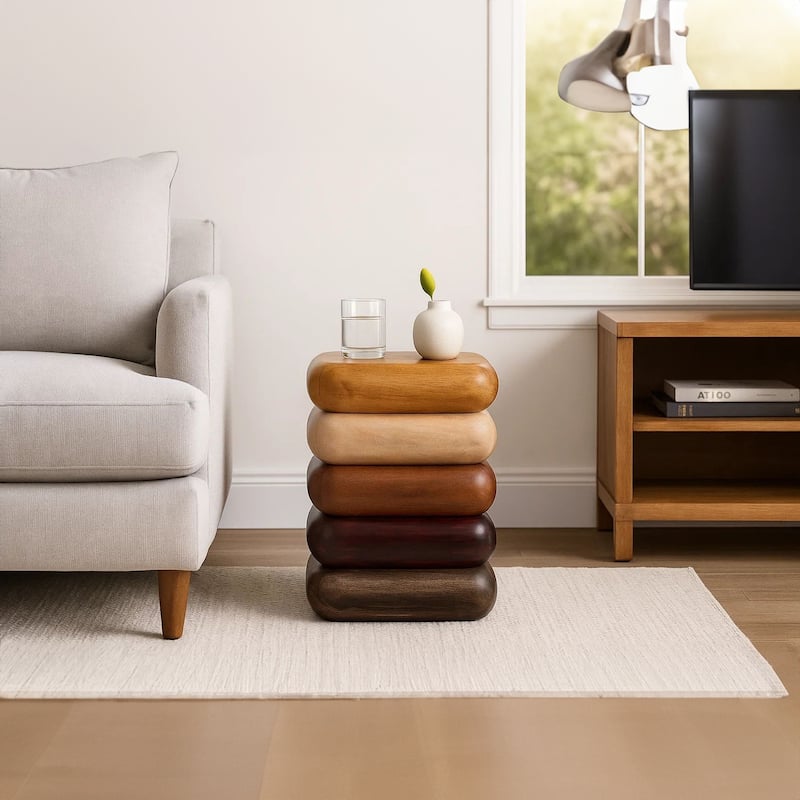 Zyra 18 Inch Side End Table, Sculptural Stacked Design, Mango and Acacia Wood Artisanship Brown