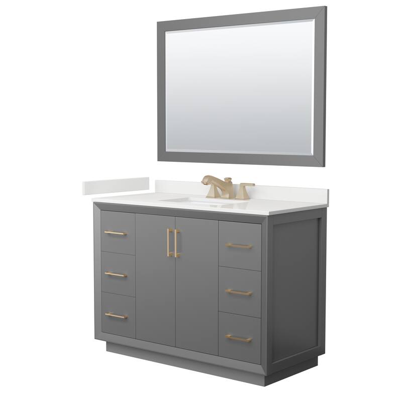 Strada 48-inch Single Vanity, Quartz Top, 46-inch Mirror - Dark Gray, Bronze Trim, White Quartz Top