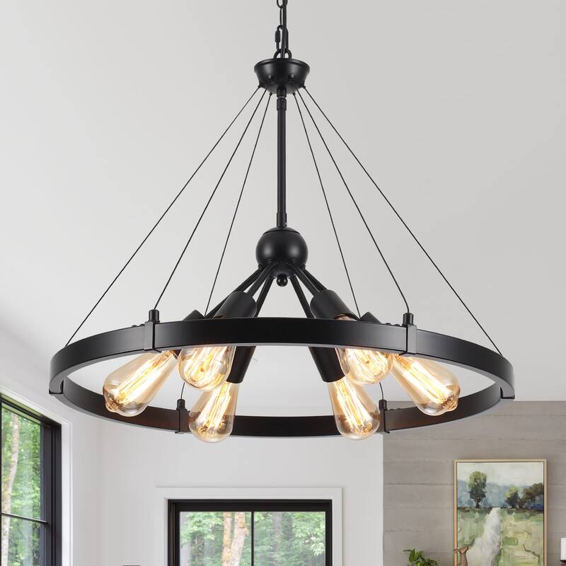 6-Light Dimmable Sputnik Chandelier, Farmhouse Wagon Wheel Chandelier for Dining Room Living Room Bedroom Kitchen - Black