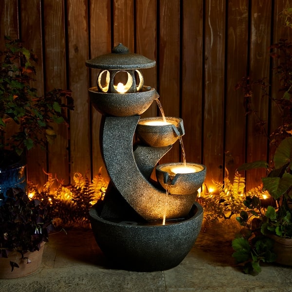 slide 2 of 21, Glitzhome 32"H 4-Tiered Zen Pagoda Polyresin LED Lighted Outdoor Floor Water Fountain