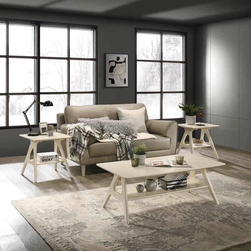 Roundhill Furniture Arona Mid-Century Modern Wood 3-Piece Coffee Table Set - Off-White
