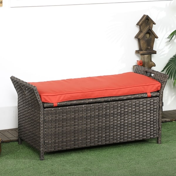 slide 2 of 10, Outsunny 27 Gallon Patio Wicker Storage Bench, Outdoor PE Rattan Patio Furniture, Two-In-One Large Capacity Footstool Red