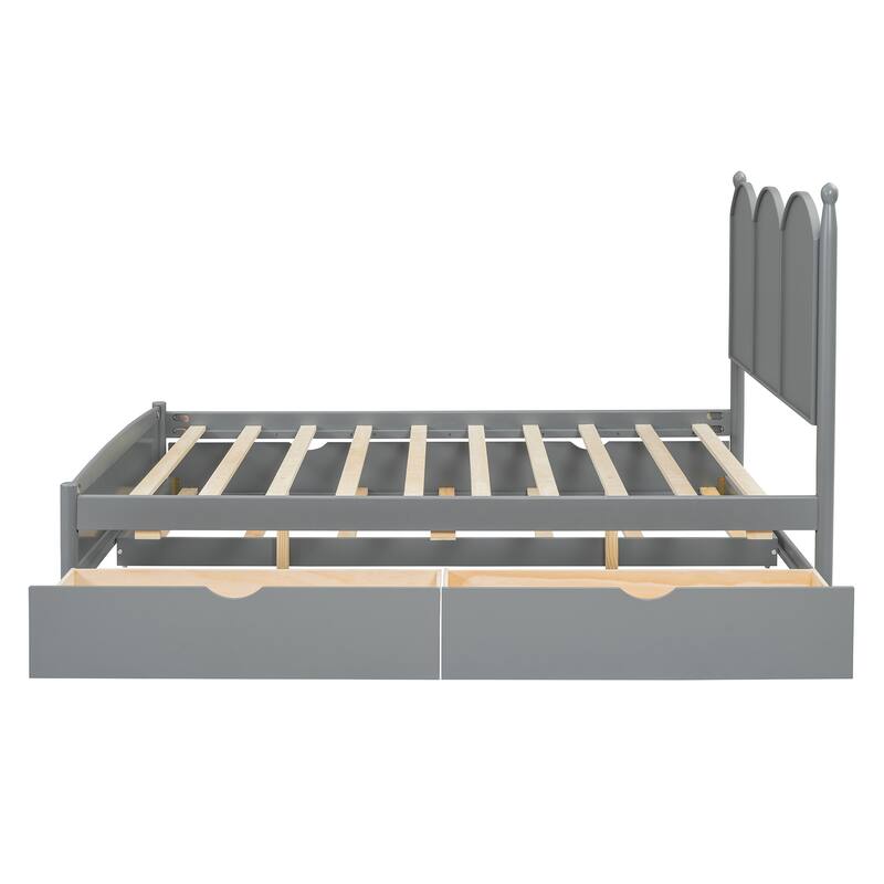 Queen Size Platform Bed with Curved Headboard, 2 Large Side Drawers & Twin XL Pull-Out Trundle Bed