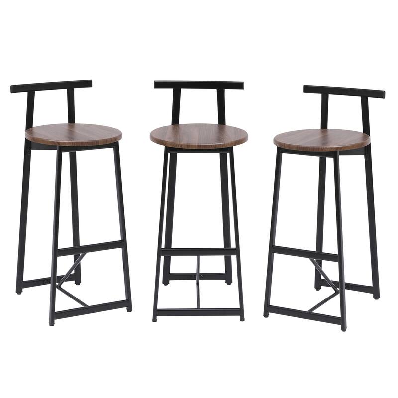Set of 3 Kitchen Island Bar Chairs Metal Counter Barstools with Backrest for Dining Pub Room - Walnut Brown
