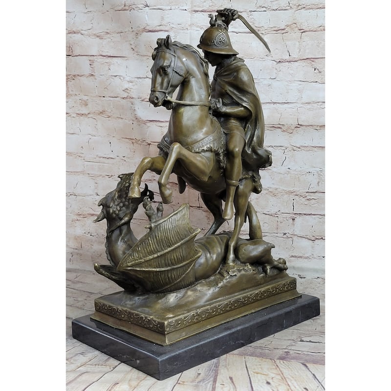 Patron Saint George And The Dragon Bronze Figurine Sculpture 20 Inches X 15 Inches