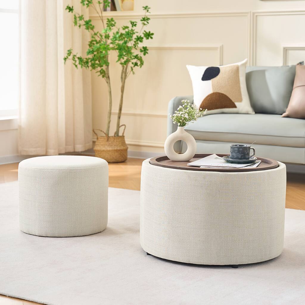 Rossetta 2-Piece Linen Upholstered Nesting Different size Storage Ottoman Set with Practical Removable Wood Tray