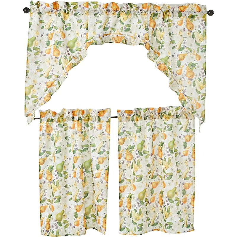 Violet Linen European Fruits Flowers, Pears, 3pc Set 60" x 18" Valance, 30" x 36" Tiers, Decorative Window Kitchen Curtain Set - 1-Valance and 2-36" Tiers - Pears Flowers