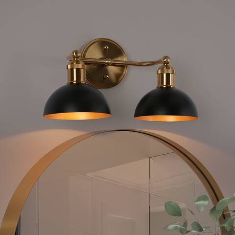 2-Light Modern Industrial Black Gold Bathroom Vanity Light with Metal Shades - 14.5" L x 8" W x 8.5" H