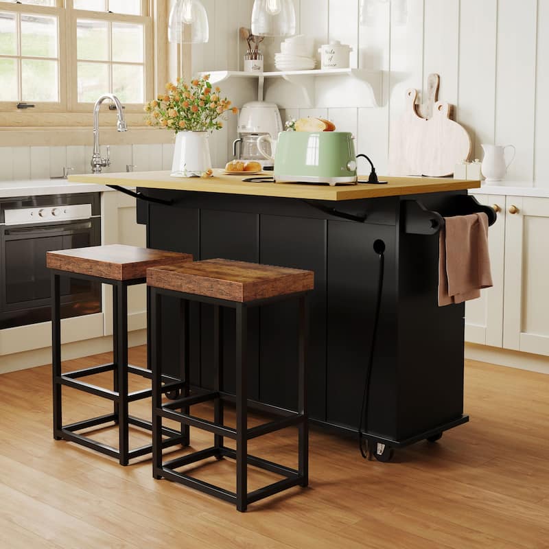 Farmhouse Kitchen Island on Wheels with Drop Leaf, 2 Seating & Power Outlet