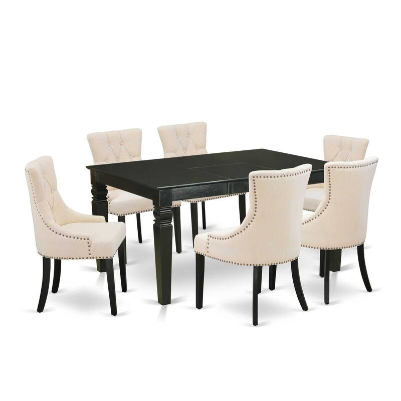 7-Piece Dinette Set - Kitchen Table with Leaf & 6 Parsons Chairs - Beige Fabric, Black Finish - 60
