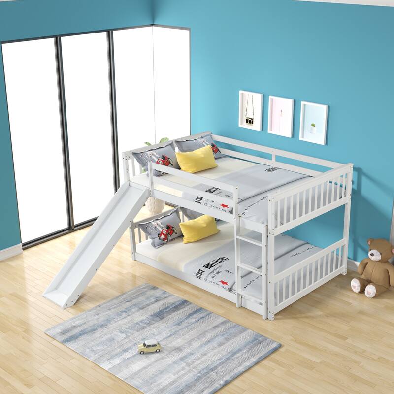 White Full Over Full Bunk Bed with Slide and Ladder, Sturdy Pinewood Frame