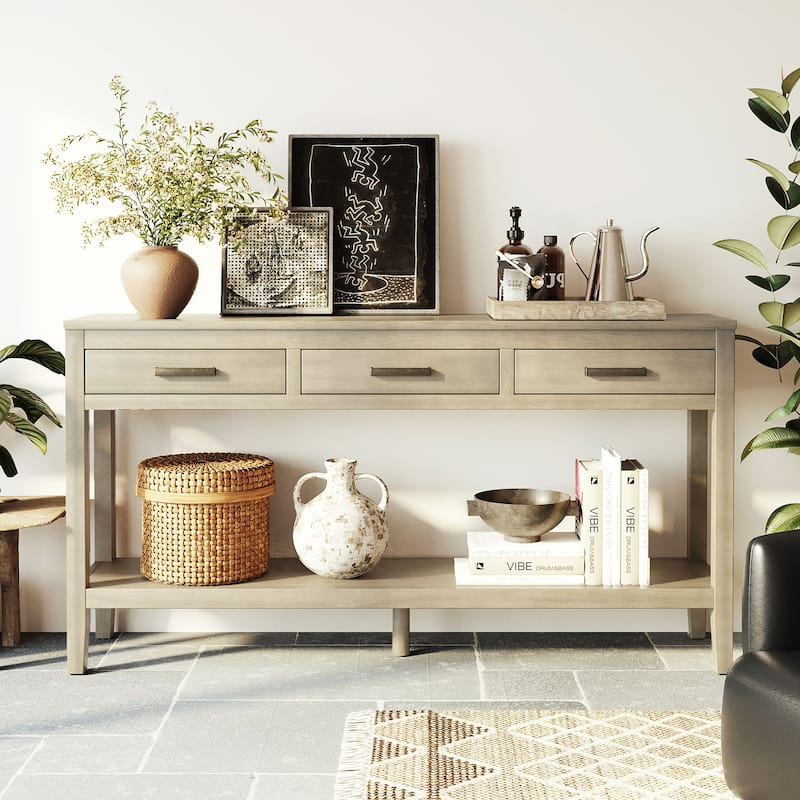59.1" Farmhouse Entryway Table with 3 Drawers, Painted Console Table with Bottom Shelf & Iron Handles, Minimalist Sofa Table