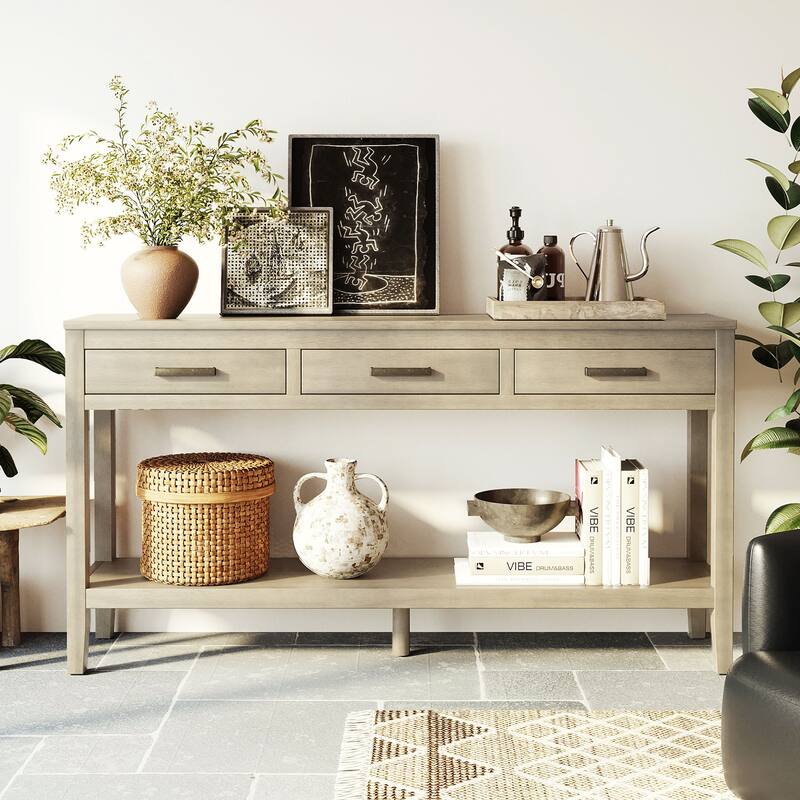 Roomfitters 59.1" Farmhouse Entryway Table with 3 Drawers, Slim Console Sofa Table with Open Shelf for Hallway