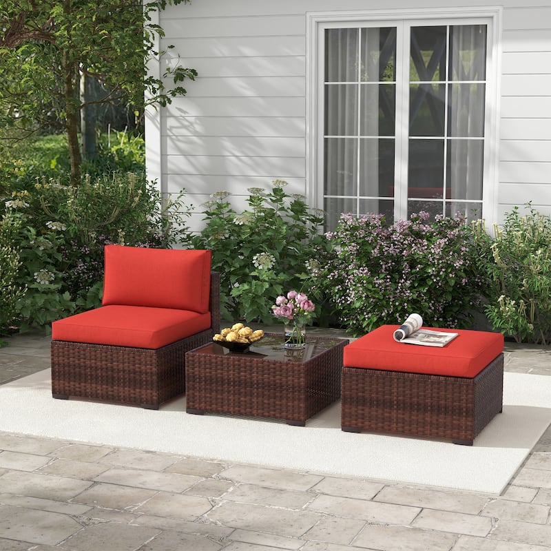 Outdoor 3-Piece Wicker Sofa Set with Ottoman - Red