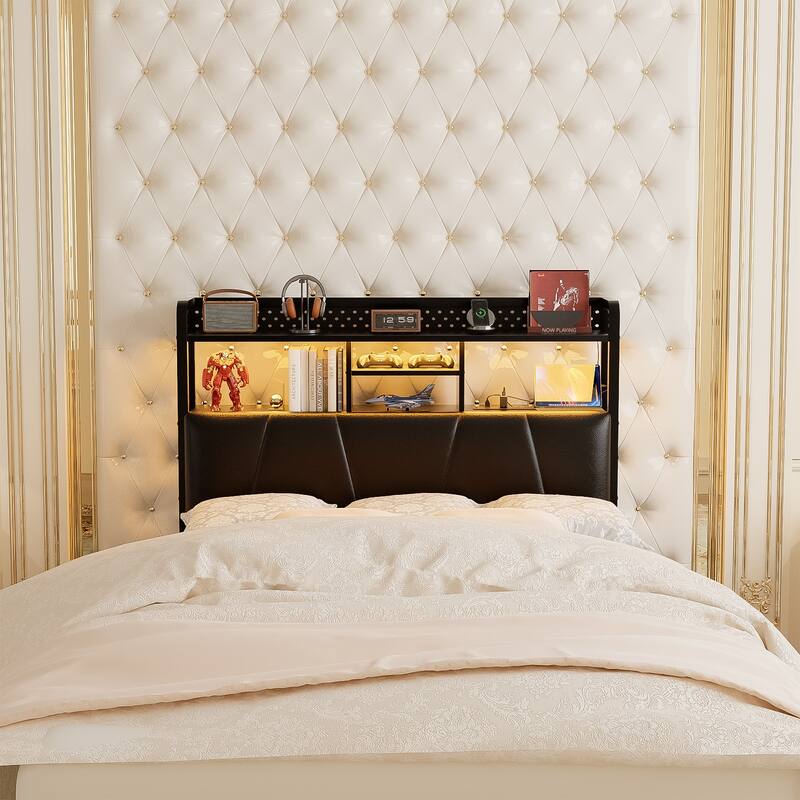 Upholstered Headboard with Pegboard and Charging Station, Storage Headboard Shelves and LED Light