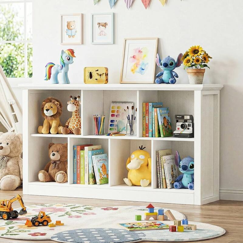 7/10 Cube Bookcase Organizer with Backpanel, 50" Wooden Storage Book Shelf for Living Room, Bedroom, Home Office, Kids Room