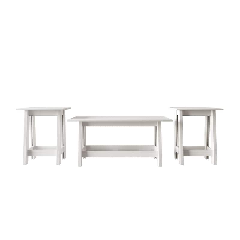 CraftPorch Rustic 2-Pieces End Tables with Coffee Table - White