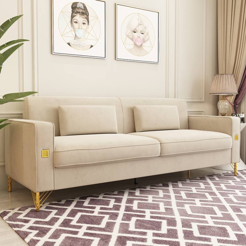 86-inch 2-seat Velvet Square Arm Upholstered Sofa with Two Waist Pillows