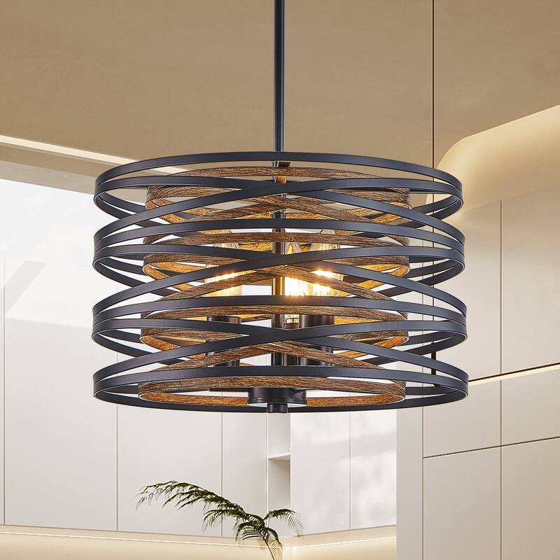 13" Rustic Industrial Pendant Light, 3-Light Black and Walnut Metal Cage Chandelier with Wood Accent