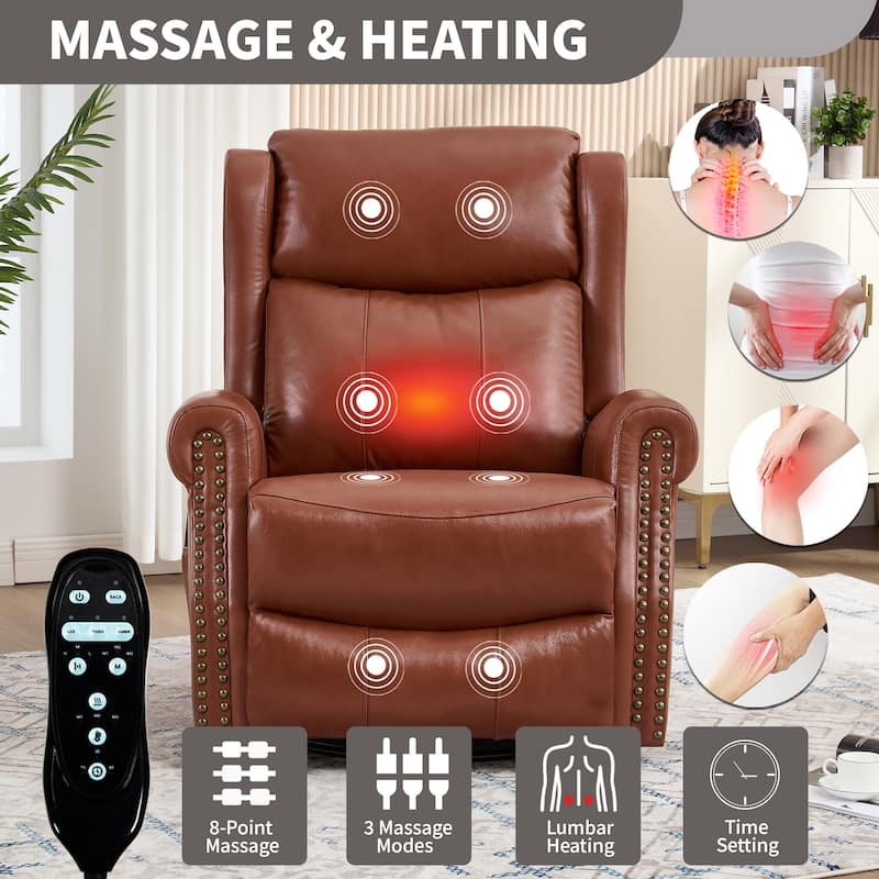 360° Swivel Rocking Recliner with Heat & Massage, Genuine Leather