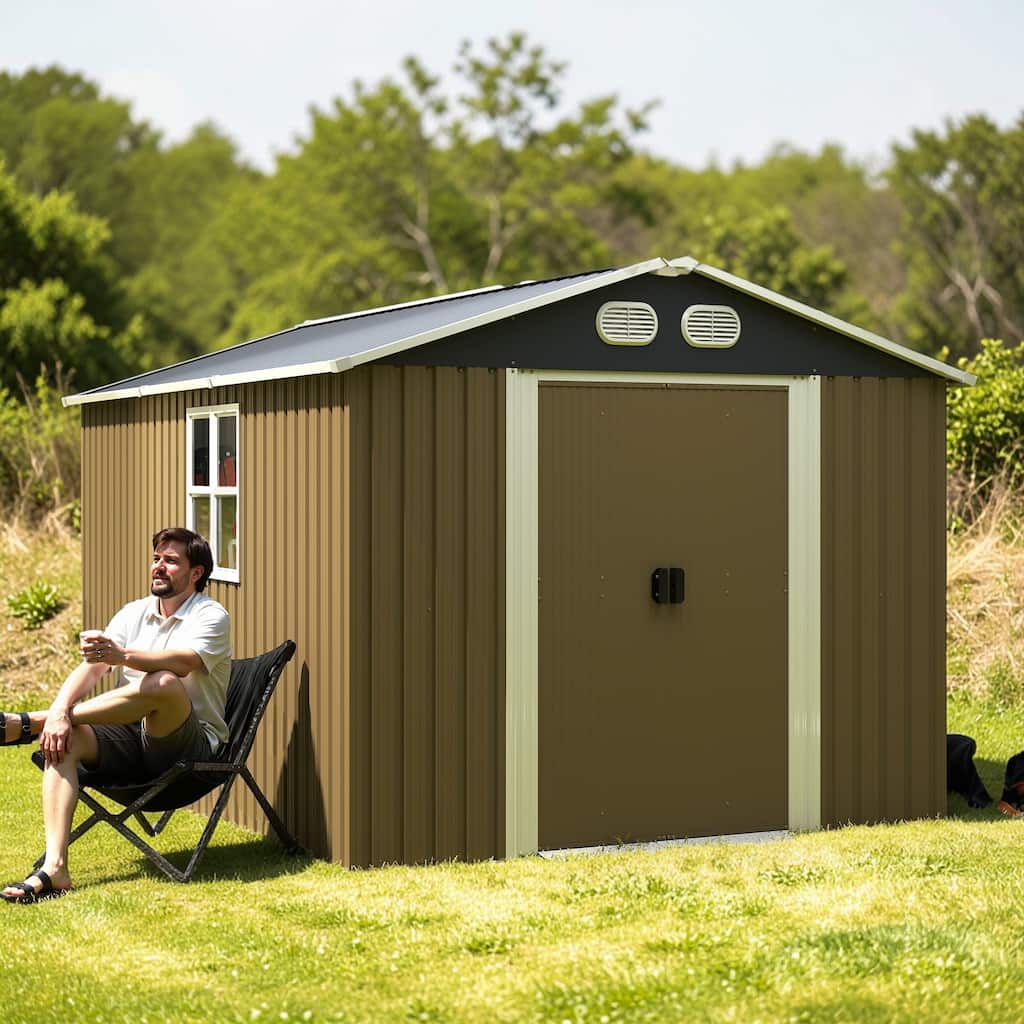 8x12 FT Outdoor Metal Storage Shed with Lockable Door, Waterproof Garden Tool Shed for Backyard