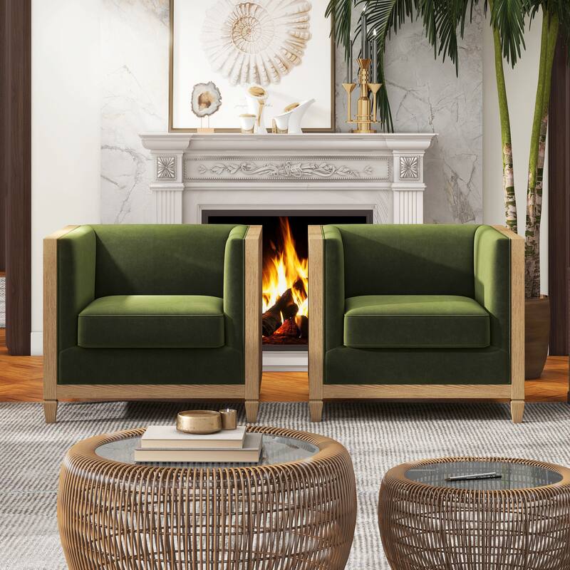 Georgia 34" Oak and Rattan Tuxedo Velvet Armchair