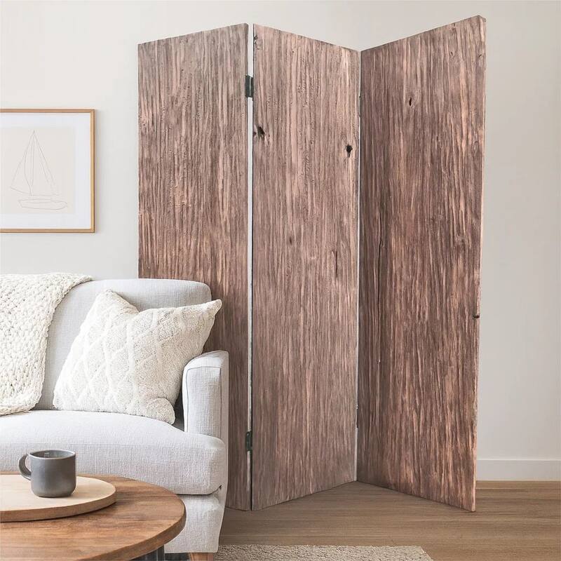 Textured and Bark Designed Wooden 3 Panel Room Divider , Natural Brown