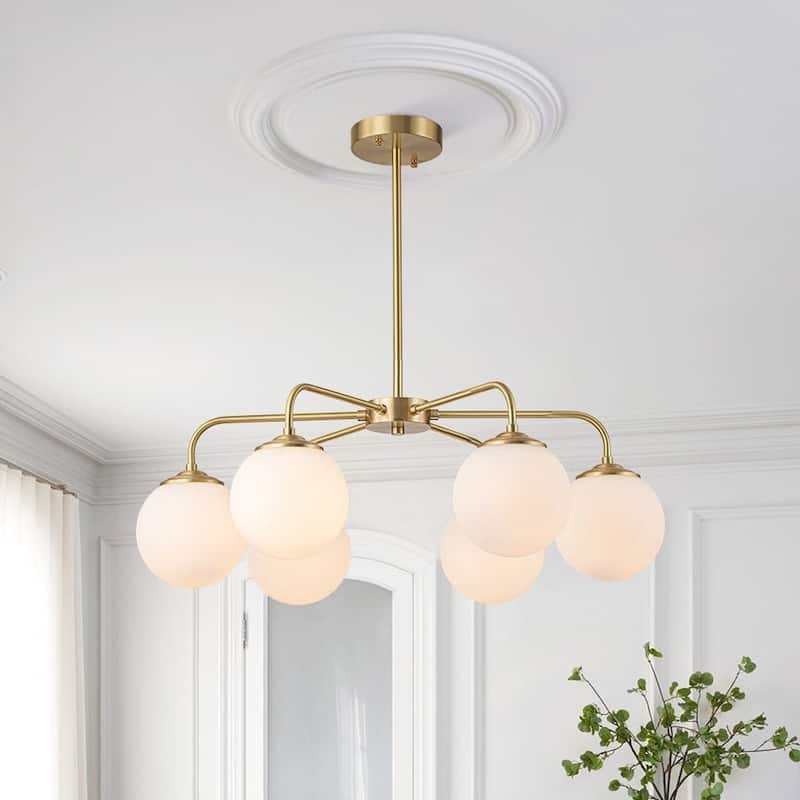 6-Light Frosted White Glass Brass Round Sputnik Chandelier - 26in Wide - Brass